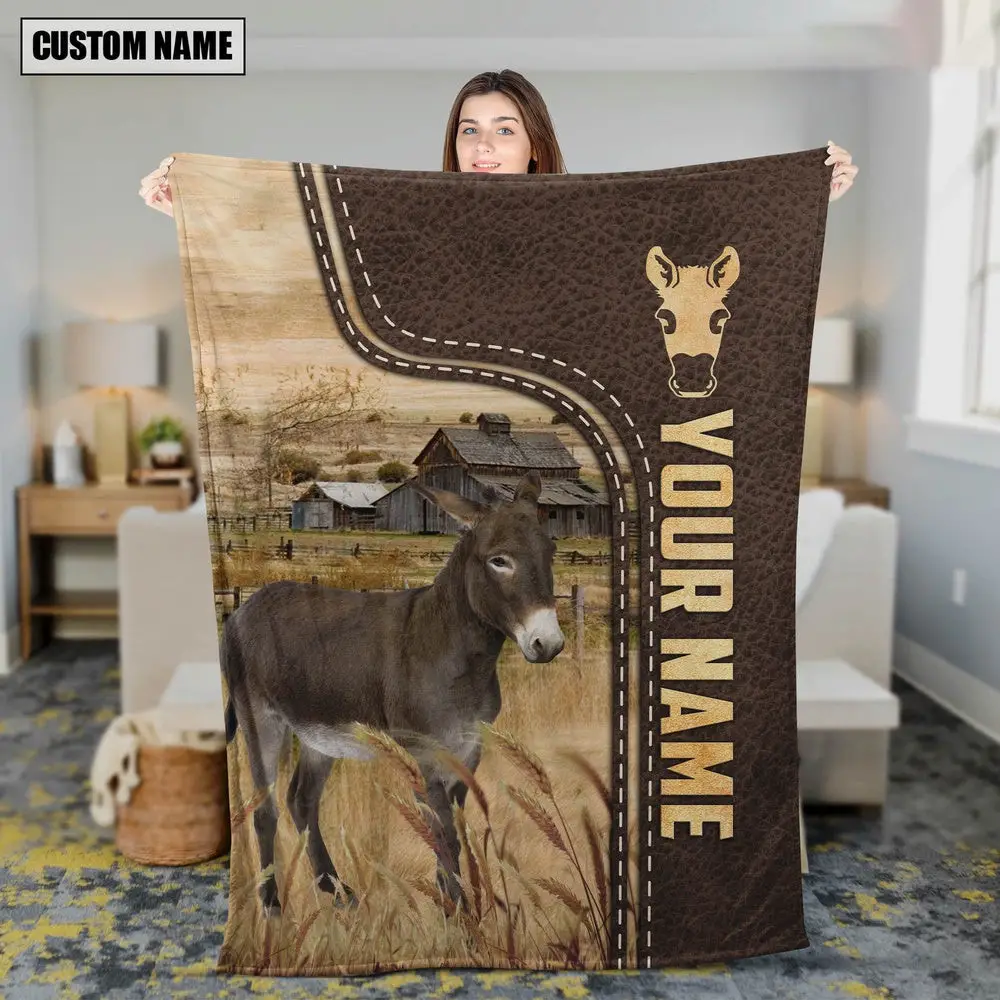 Personalized Name Donkey Leather Pattern Blanket Farm Blanket Best Gifts For Farmers