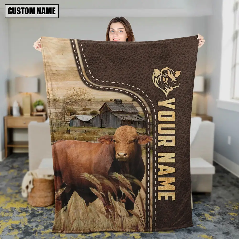 Personalized Name Droughtmaster Leather Pattern Blanket Farm Blanket Best Gifts For Farmers