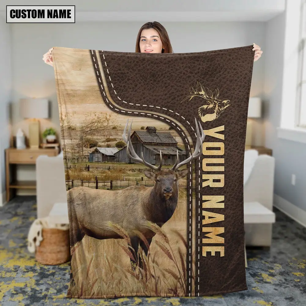 Personalized Name Elk Leather Pattern Blanket Farm Blanket Best Gifts For Farmers