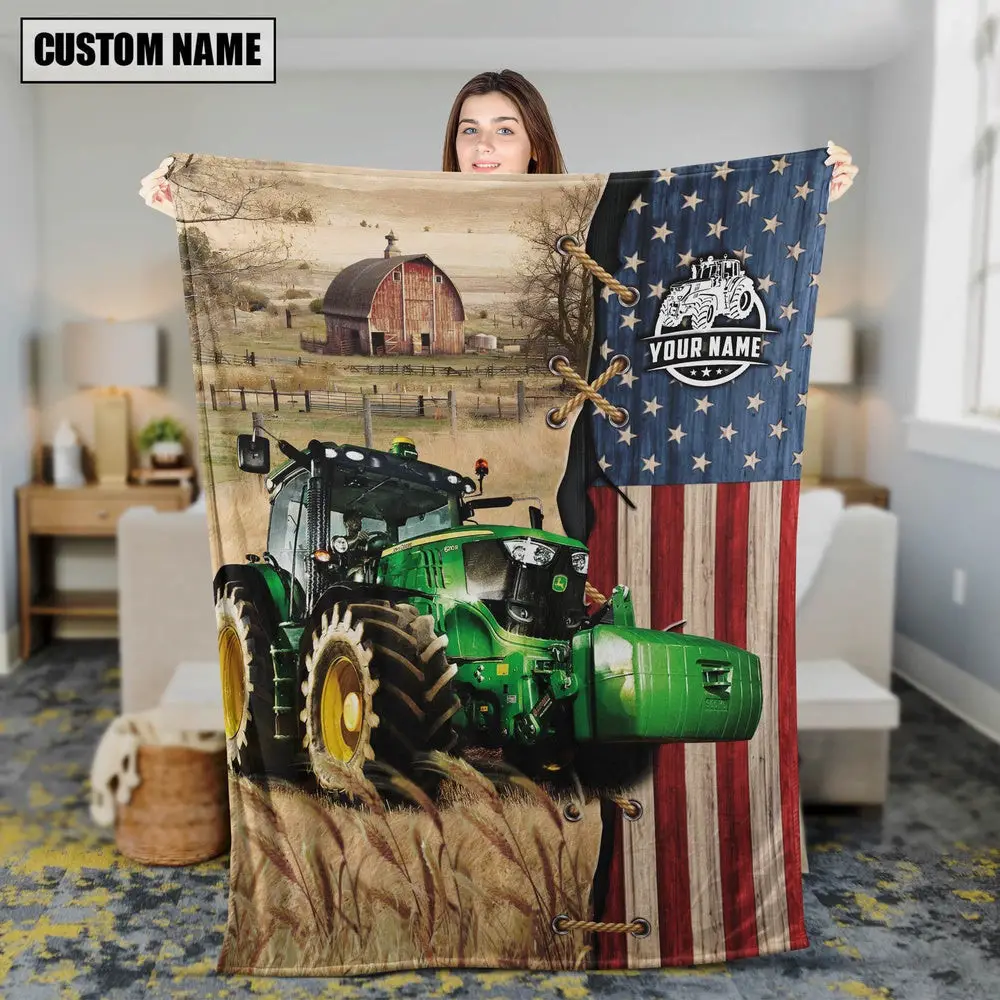 Personalized Name Farm Tractor Flag Vintage Blanket Farm Blanket Unique Gifts For Farmers