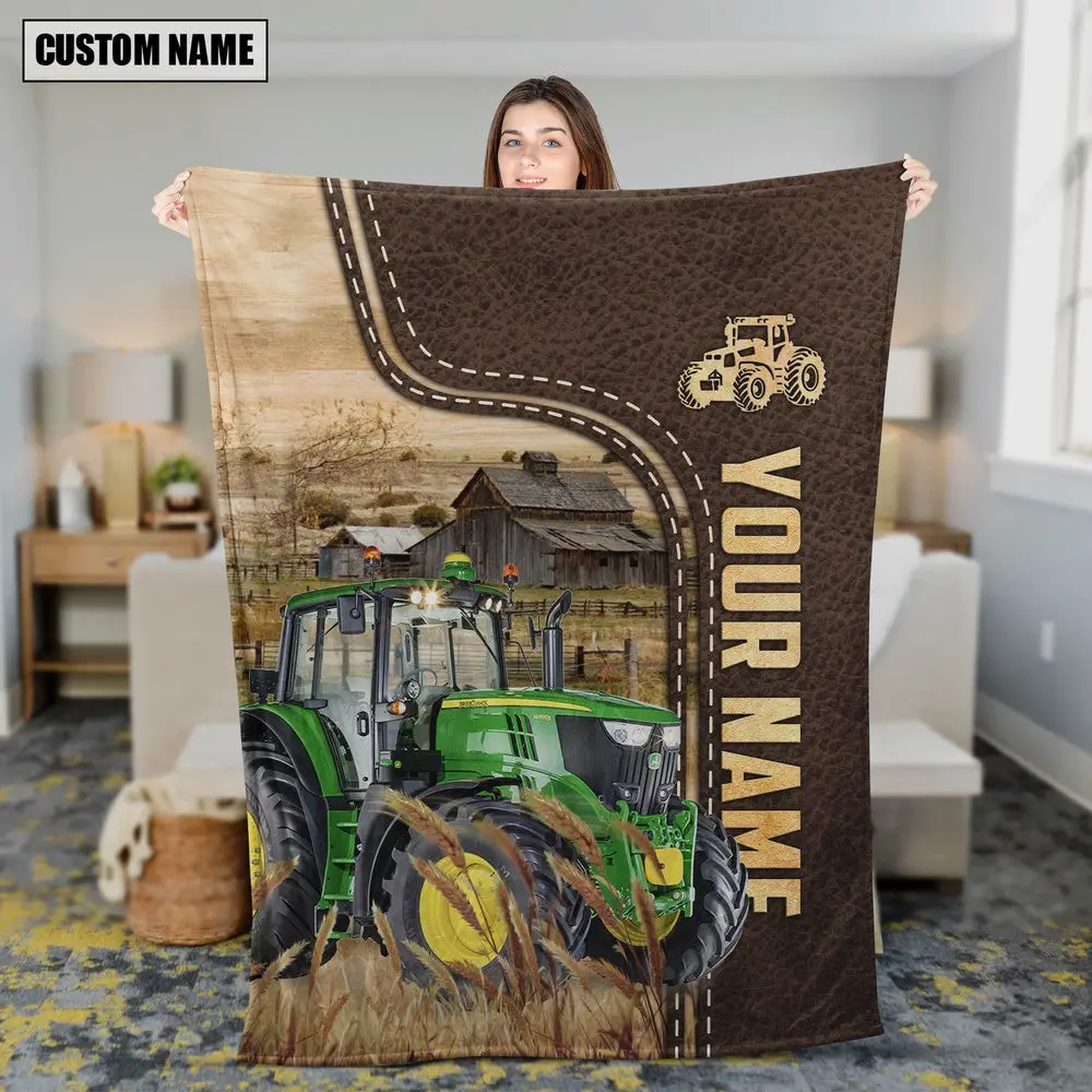 Personalized Name Farm Tractors Leather Pattern Blanket Farm Blanket Best Gifts For Farmers