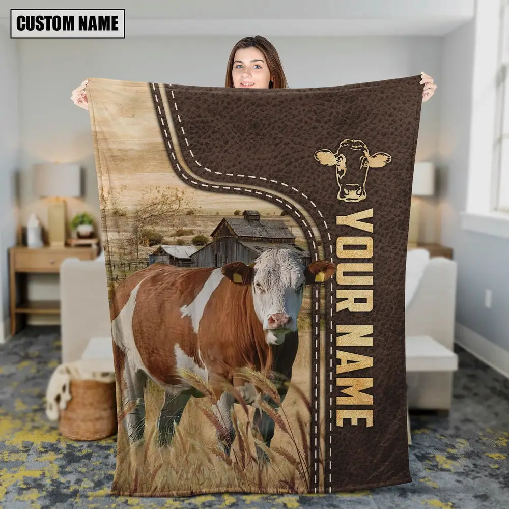 Personalized Name Fleckvieh Leather Pattern Blanket Farm Blanket Best Gifts For Farmers