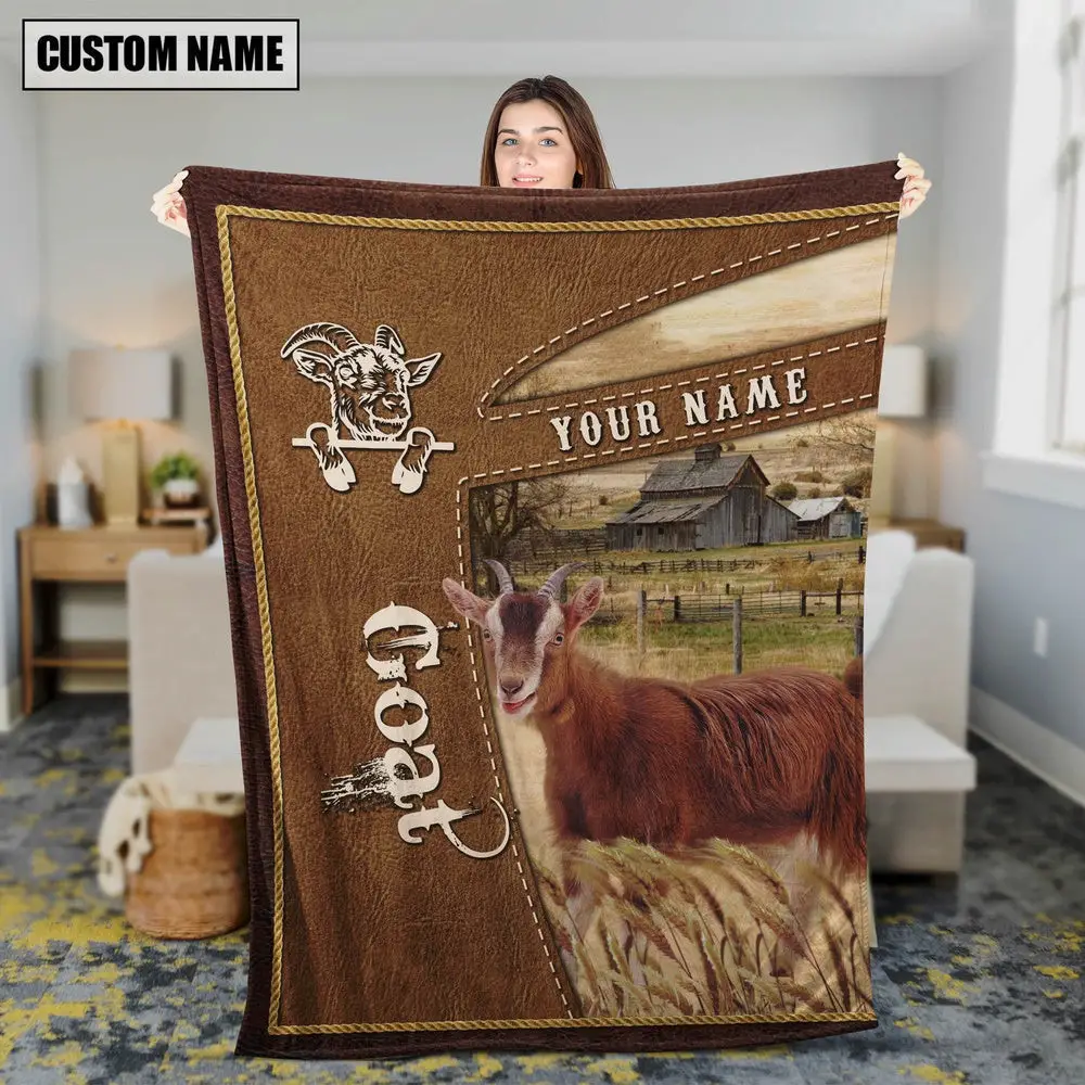 Personalized Name Goat Farm Leather Brown Blanket Farm Blanket Best Gifts For Farmers