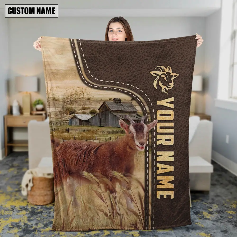 Personalized Name Goat Leather Pattern Blanket Farm Blanket Best Gifts For Farmers