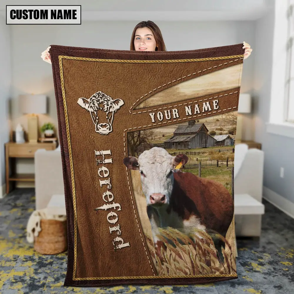 Personalized Name Hereford Farm Leather Brown Blanket Farm Blanket Best Gifts For Farmers