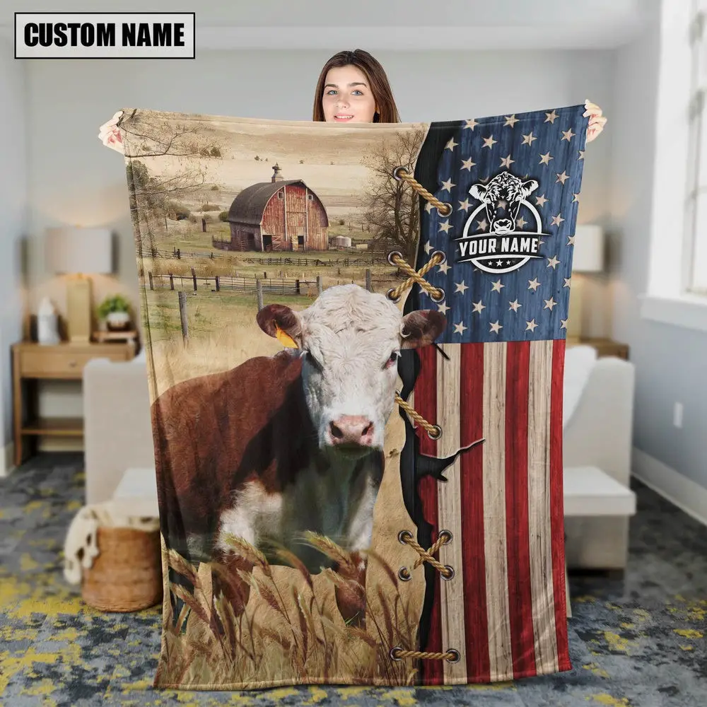 Personalized Name Hereford Flag Vintage Blanket Farm Blanket Best Gifts For Farmers