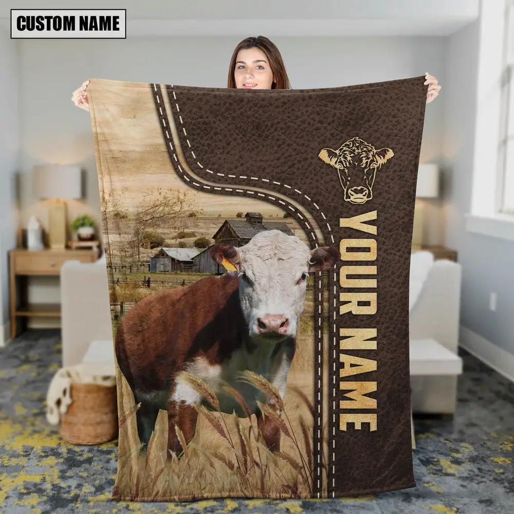 Personalized Name Hereford Leather Pattern Blanket Farm Blanket Best Gifts For Farmers