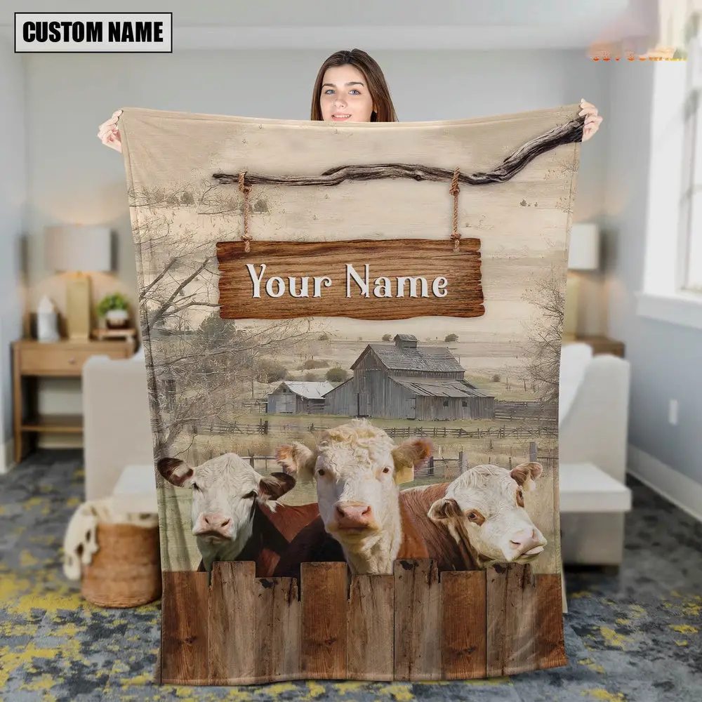 Personalized Name Hereford Wooden Pattern Blanket Farm Blanket Best Gifts For Farmers
