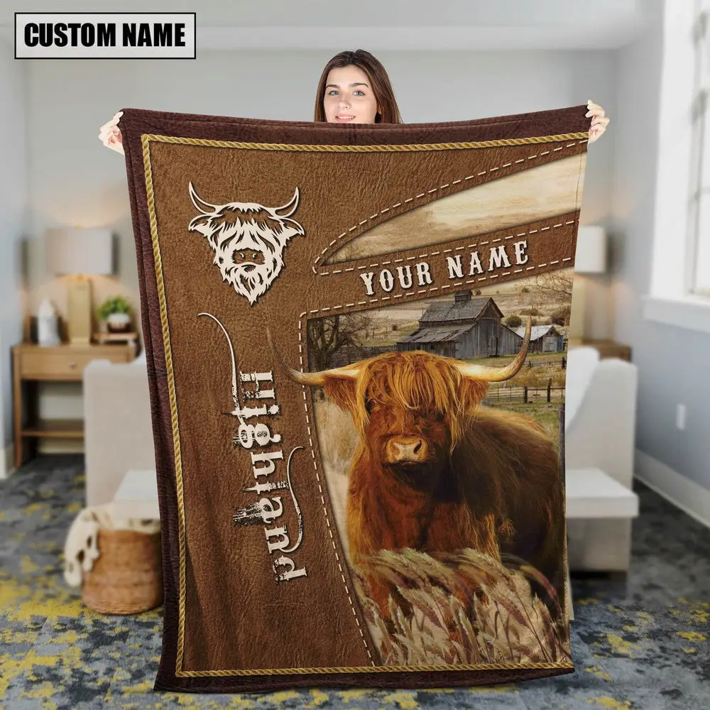 Personalized Name Highland Farm Leather Brown Blanket Farm Blanket Best Gifts For Farmers