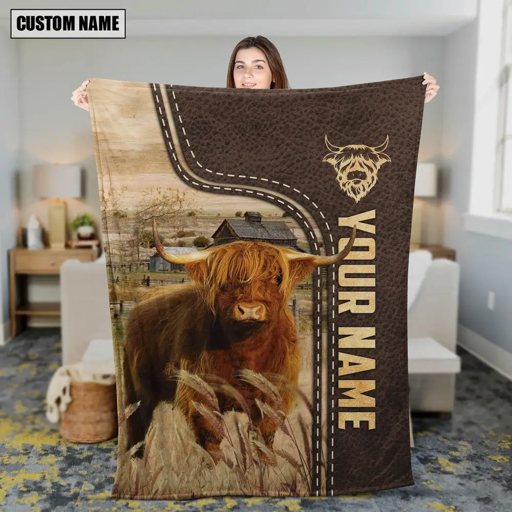 Personalized Name Highland Leather Pattern Blanket Farm Blanket Best Gifts For Farmers