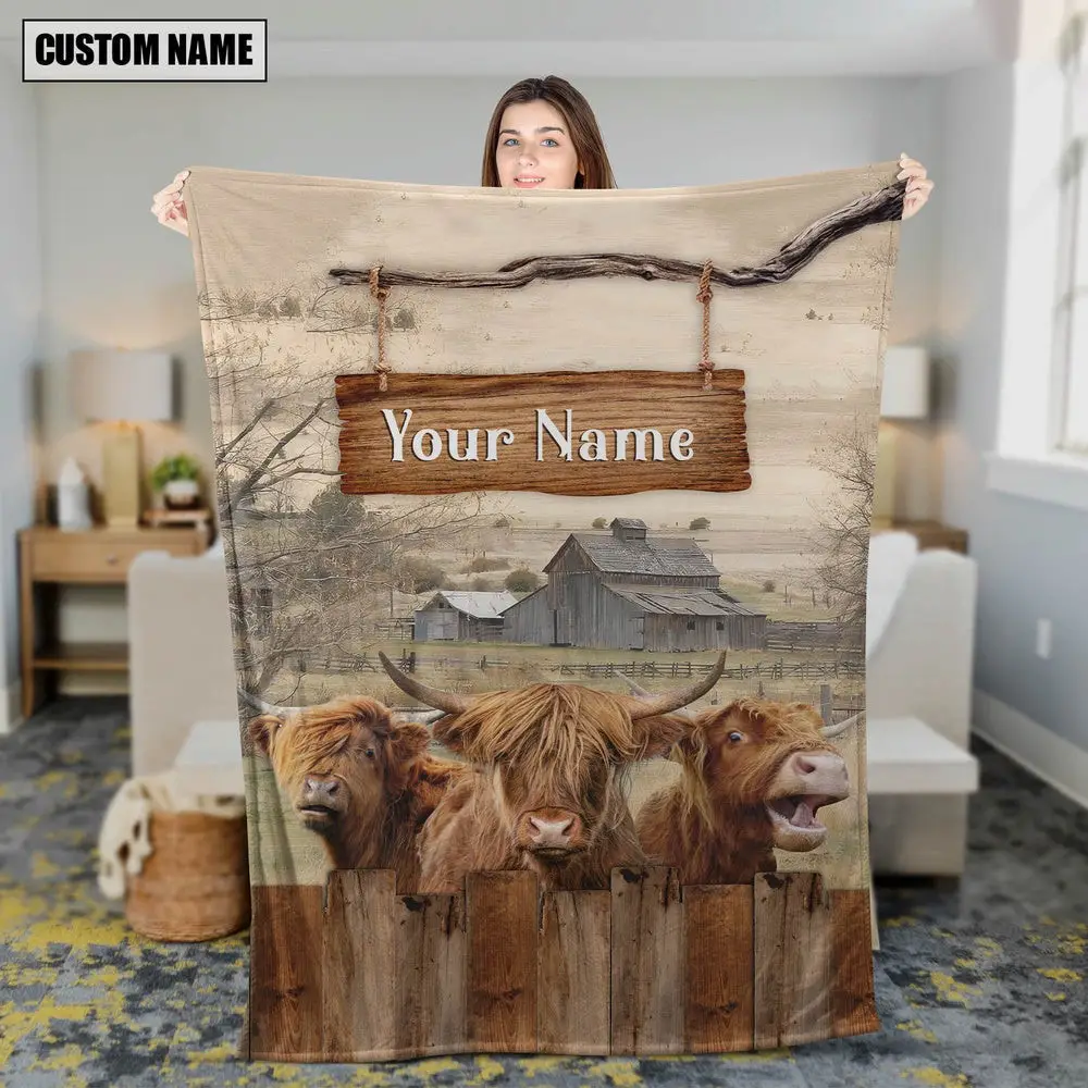 Personalized Name Highland Wooden Pattern Blanket Farm Blanket Unique Gifts For Farmers