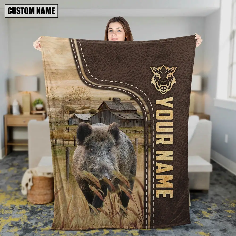 Personalized Name Hogs Leather Pattern Blanket Farm Blanket Best Gifts For Farmers