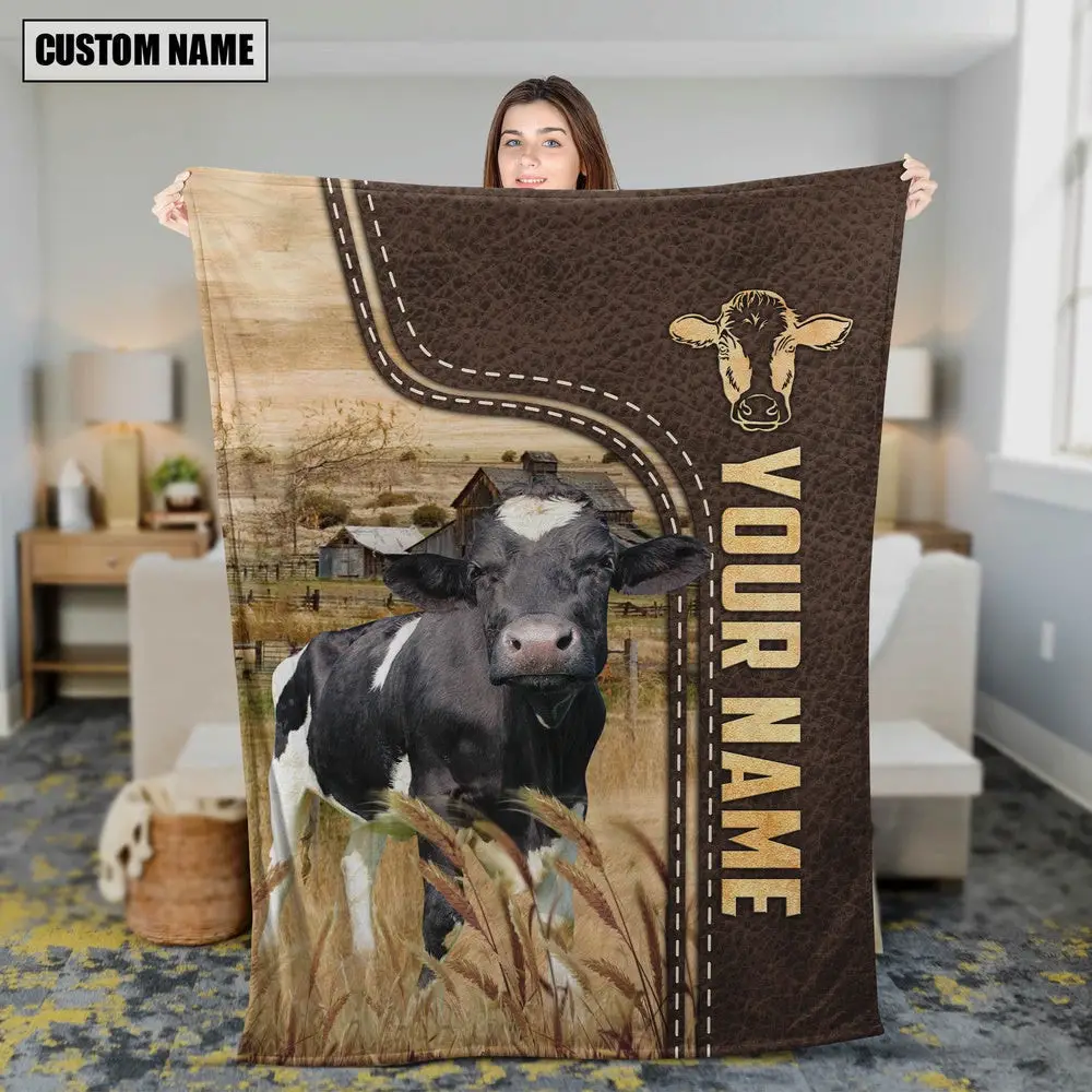 Personalized Name Holstein Leather Pattern Blanket Farm Blanket Best Gifts For Farmers
