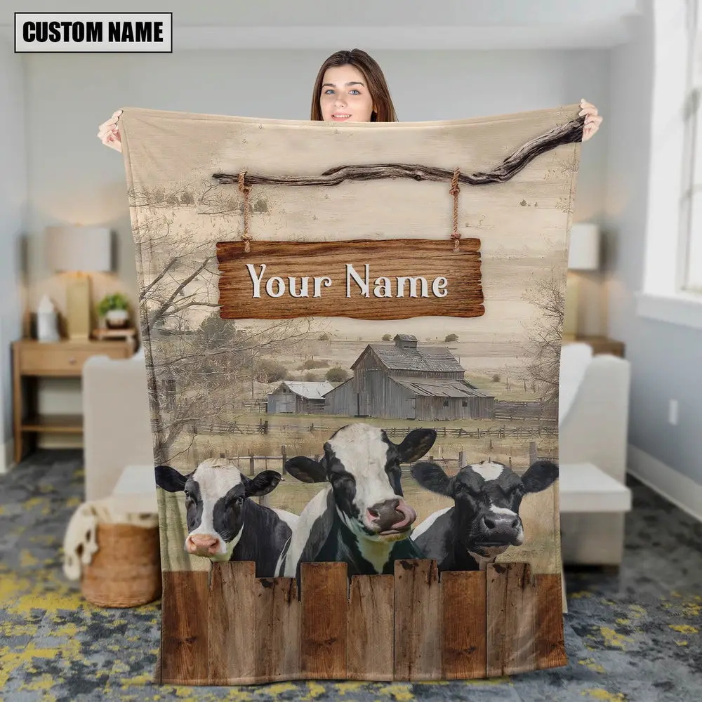 Personalized Name Holstein Wooden Pattern Blanket Farm Blanket Best Gifts For Farmers