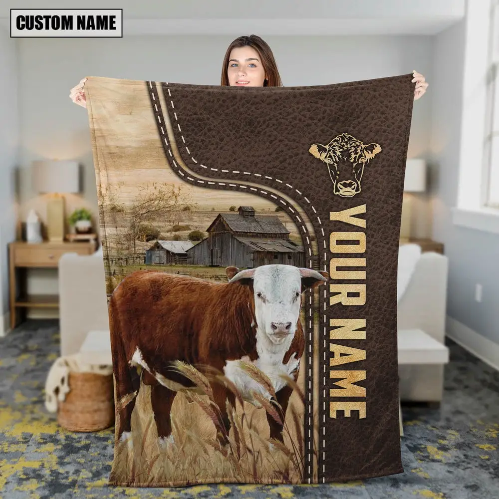 Personalized Name Horn Hereford Leather Pattern Blanket Farm Blanket Best Gifts For Farmers