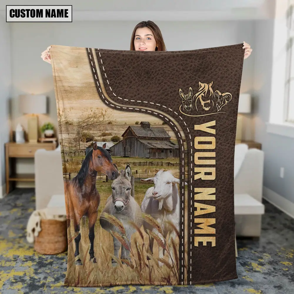 Personalized Name Horse Donkey and Goat Leather Pattern Blanket Best Gifts For Farmers