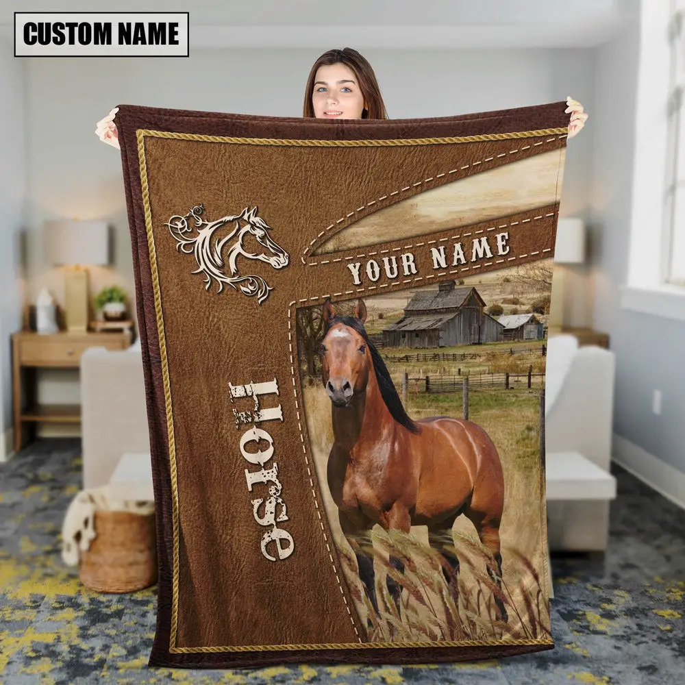 Personalized Name Horse Farm Leather Brown Blanket Farm Blanket Best Gifts For Farmers