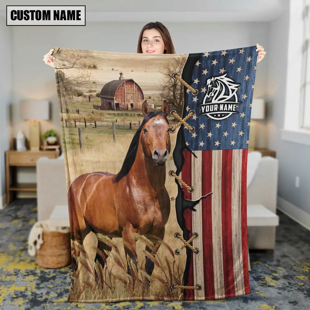 Personalized Name Horse Flag Vintage Blanket Farm Blanket Best Gifts For Farmers