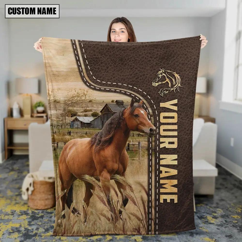 Personalized Name Horse Leather Pattern Blanket Farm Blanket Best Gifts For Farmers