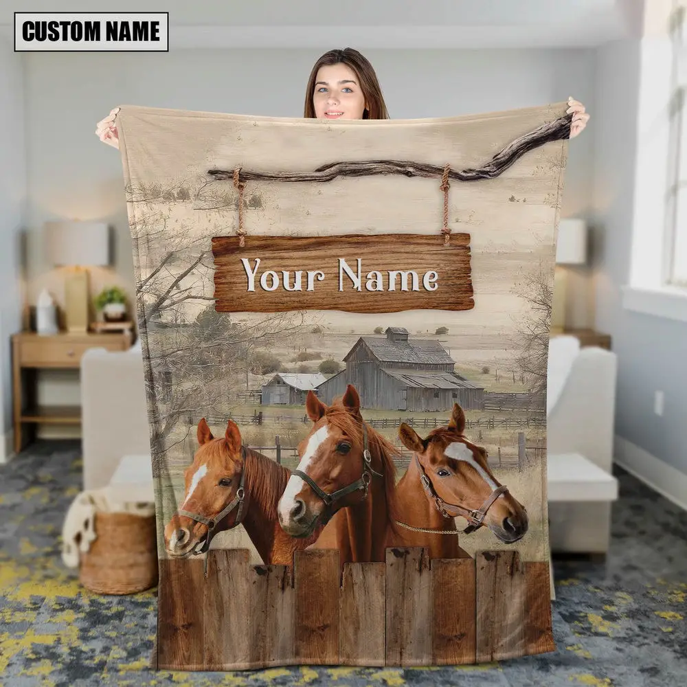 Personalized Name Horse Wooden Pattern Blanket Farm Blanket Best Gifts For Farmers