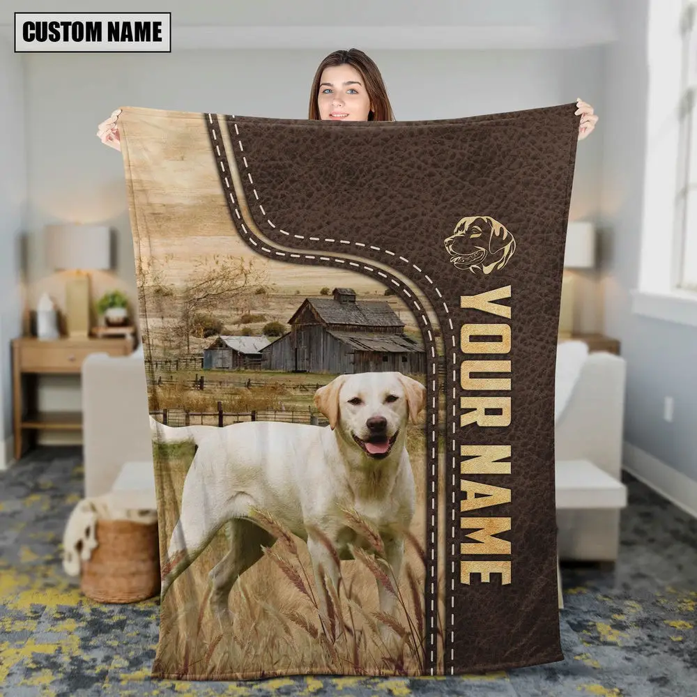 Personalized Name Labrador Retriever Leather Pattern Blanket Farm Blanket Best Gifts For Farmers