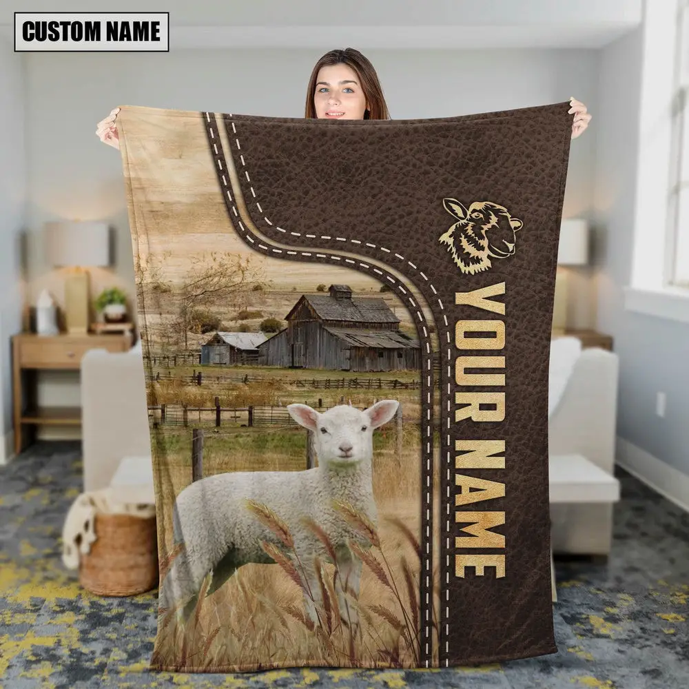 Personalized Name Lambs Leather Pattern Blanket Farm Blanket Best Gifts For Farmers