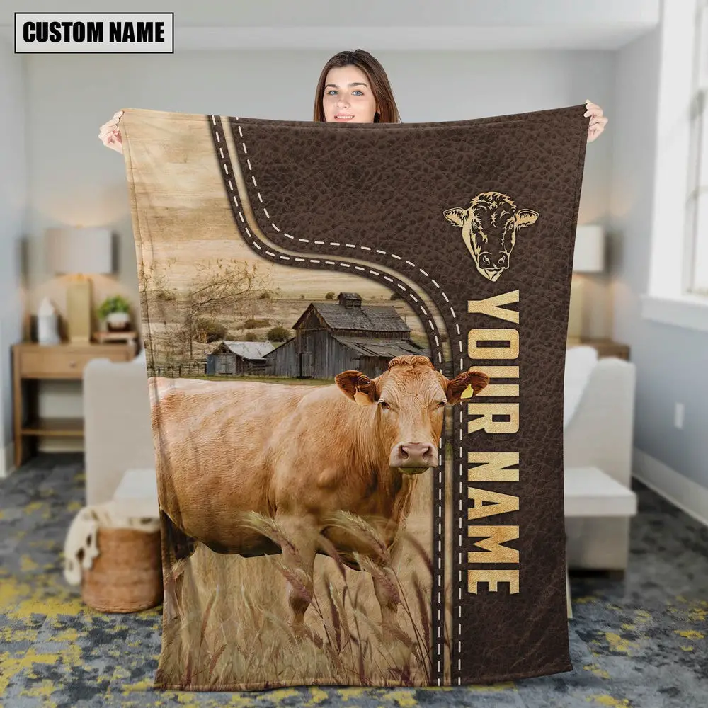 Personalized Name Limousin Leather Pattern Blanket Farm Blanket Best Gifts For Farmers
