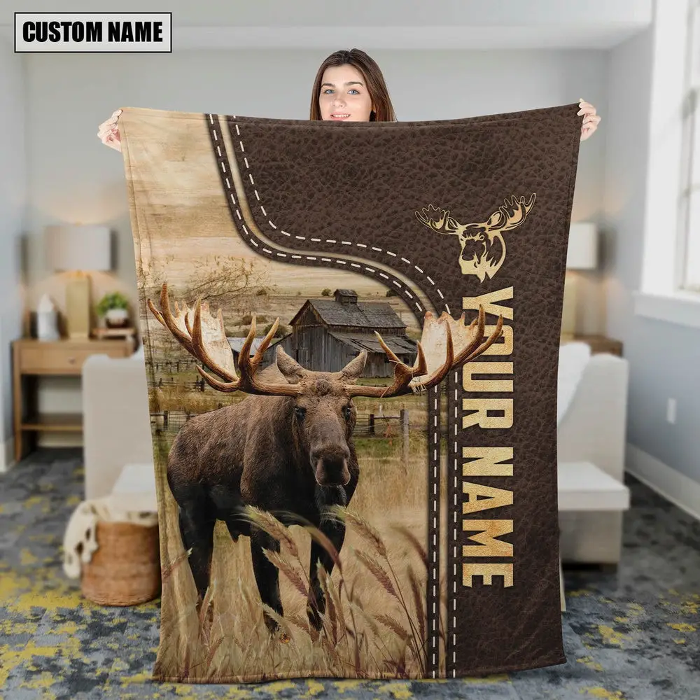 Personalized Name Moose Leather Pattern Blanket Farm Blanket Unique Gifts For Farmers