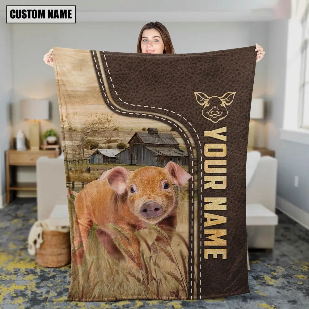 Personalized Name Pig Brown Leather Pattern Blanket Farm Blanket Gift Ideas For Farmers