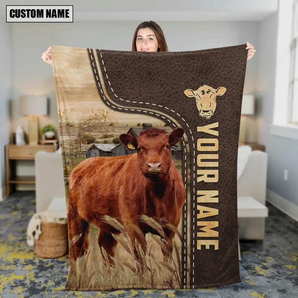 Personalized Name Red Angus Leather Pattern Blanket Farm Blanket Gift Ideas For Farmers