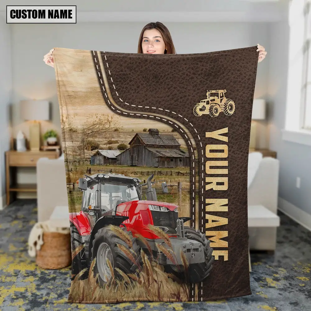 Personalized Name Red Tractor Leather Pattern Blanket Farm Blanket Gift Ideas For Farmers