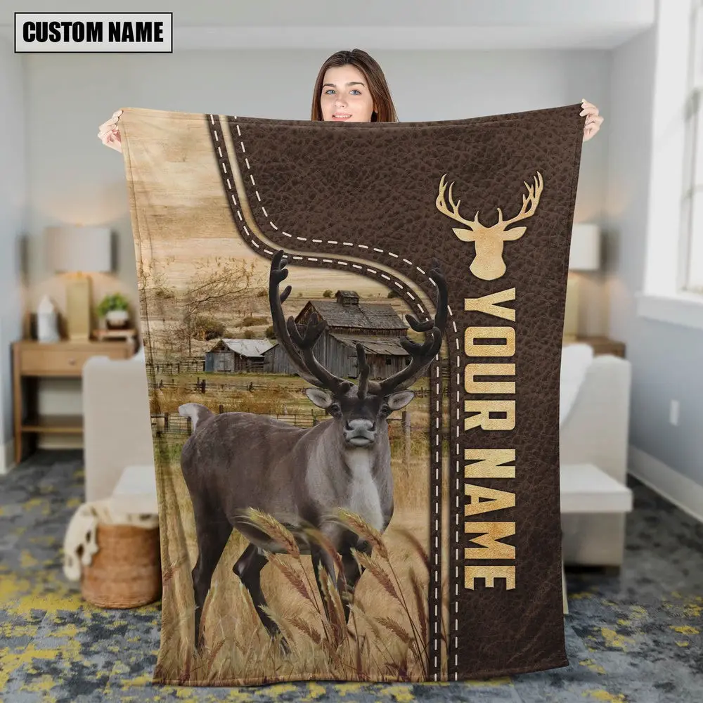 Personalized Name Reindeer Leather Pattern Blanket Farm Blanket Gift Ideas For Farmers