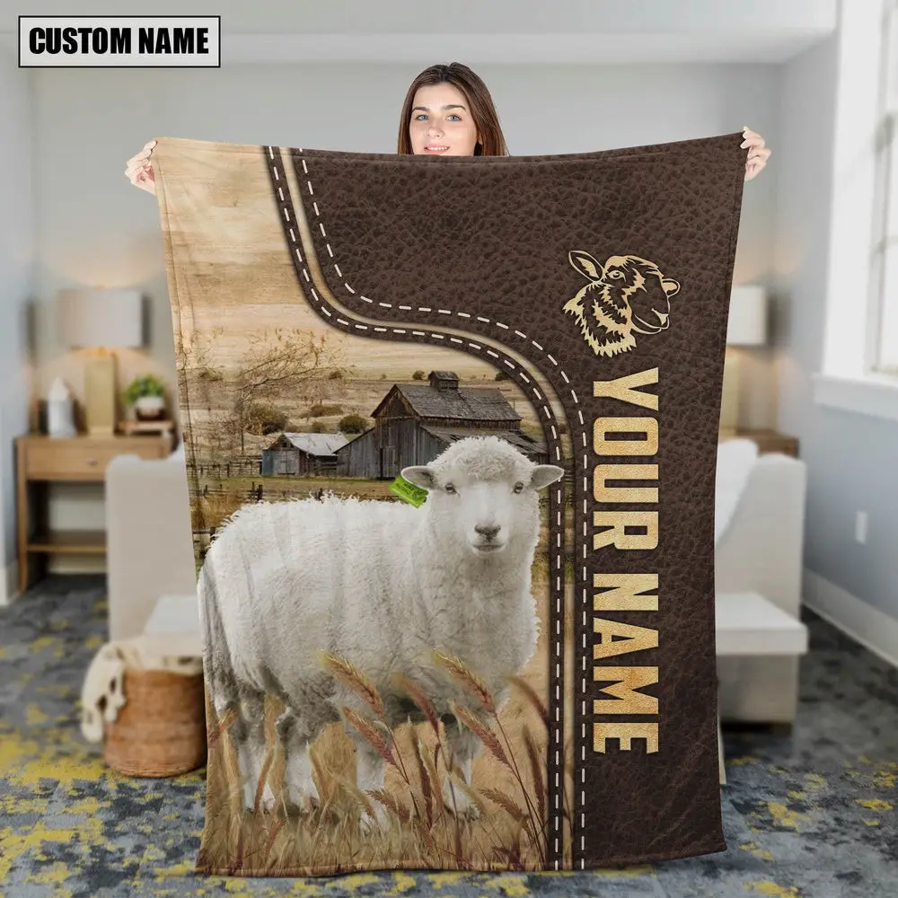 Personalized Name Sheep Leather Pattern Blanket Farm Blanket Gift Ideas For Farmers