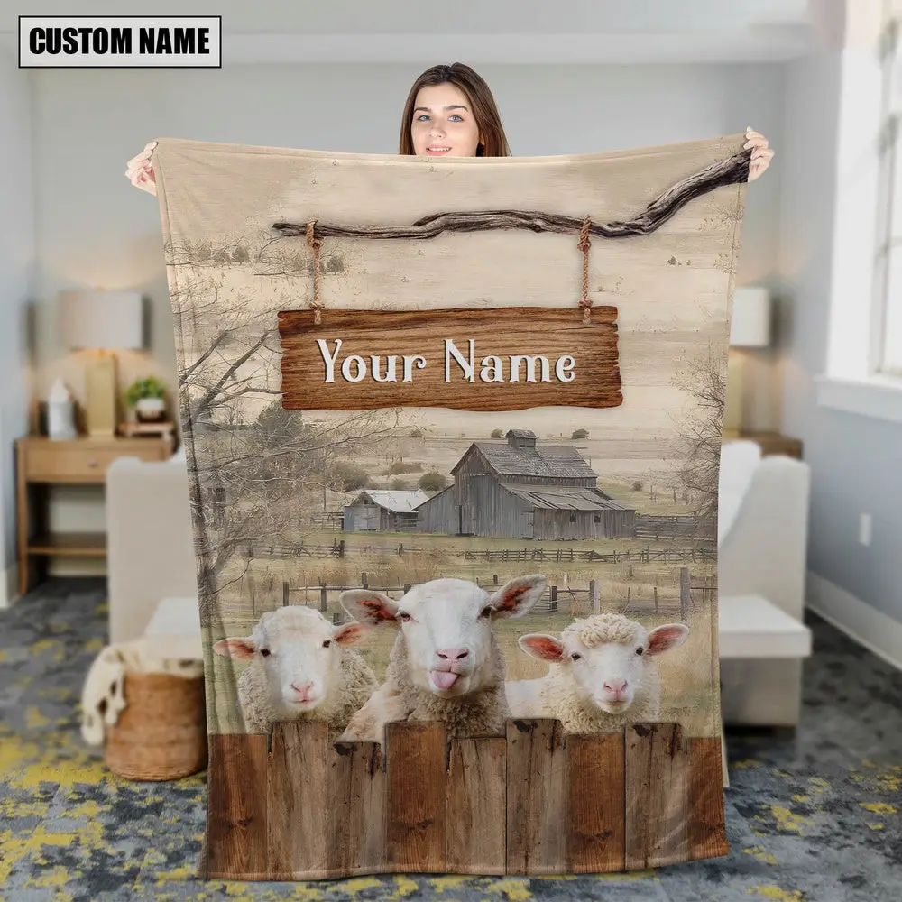 Personalized Name Sheep Wooden Pattern Blanket Farm Blanket Gift Ideas For Farmers