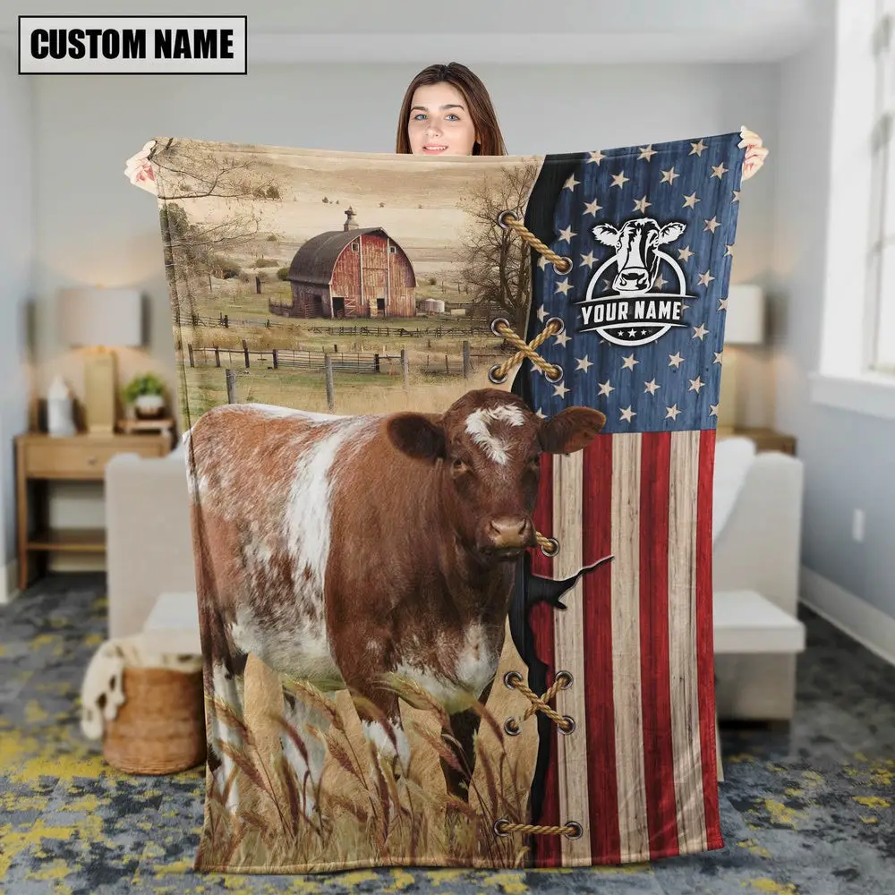 Personalized Name Shorthorn Flag Vintage Blanket Farm Blanket Gift Ideas For Farmers