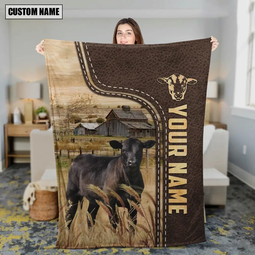 Personalized Name Sim Angus 2 Leather Pattern Blanket Farm Blanket Gift Ideas For Farmers