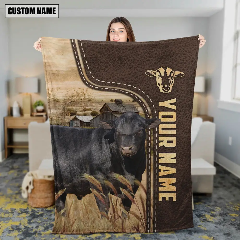 Personalized Name Sim Angus Leather Pattern Blanket Farm Blanket Gift Ideas For Farmers