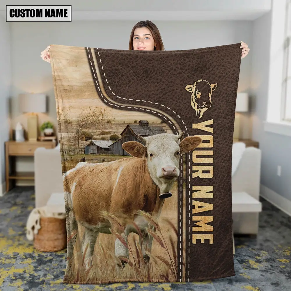 Personalized Name Simmental Leather Pattern Blanket Farm Blanket Gift Ideas For Farmers Personalized Name Simmental Leather Pattern Blanket Farm Blanket Gift Ideas For Farmers - Image 1