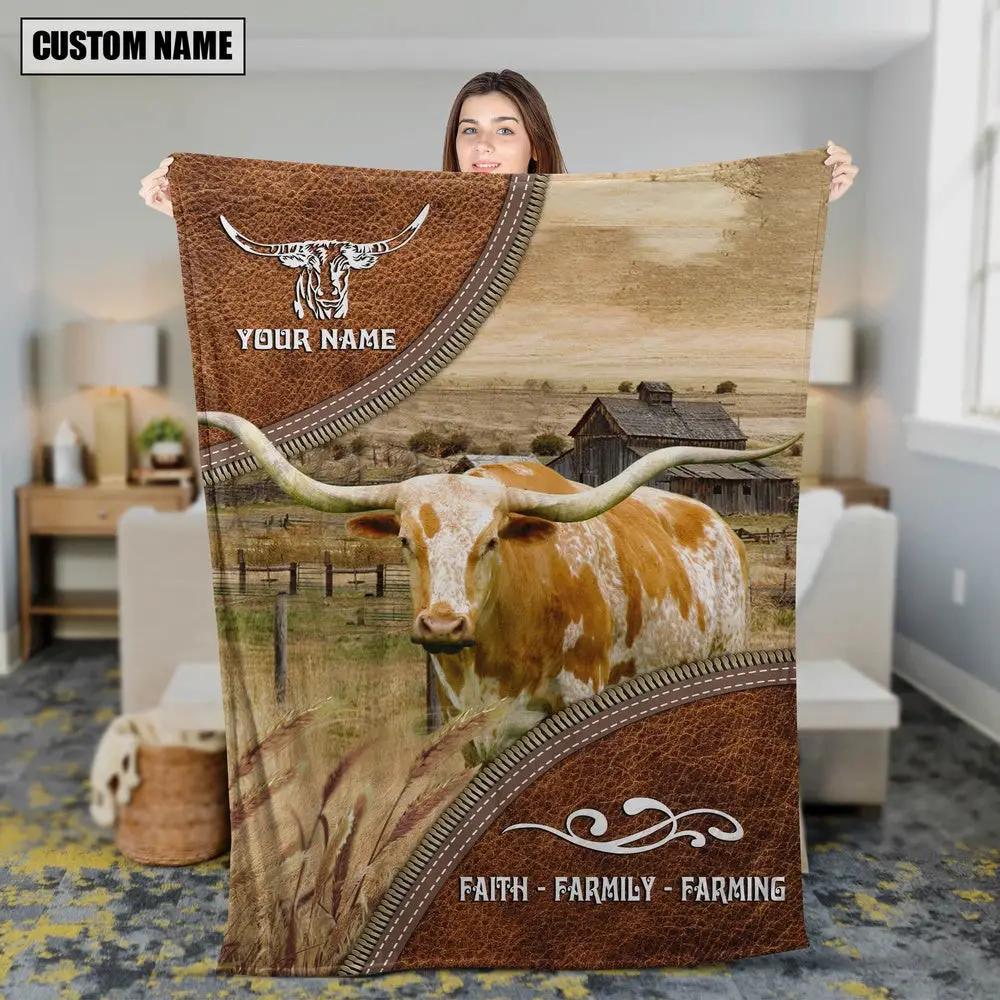 Personalized Name Texas Longhorn Faith Family Farming Blanket Farm Blanket Gift Ideas For Farmers