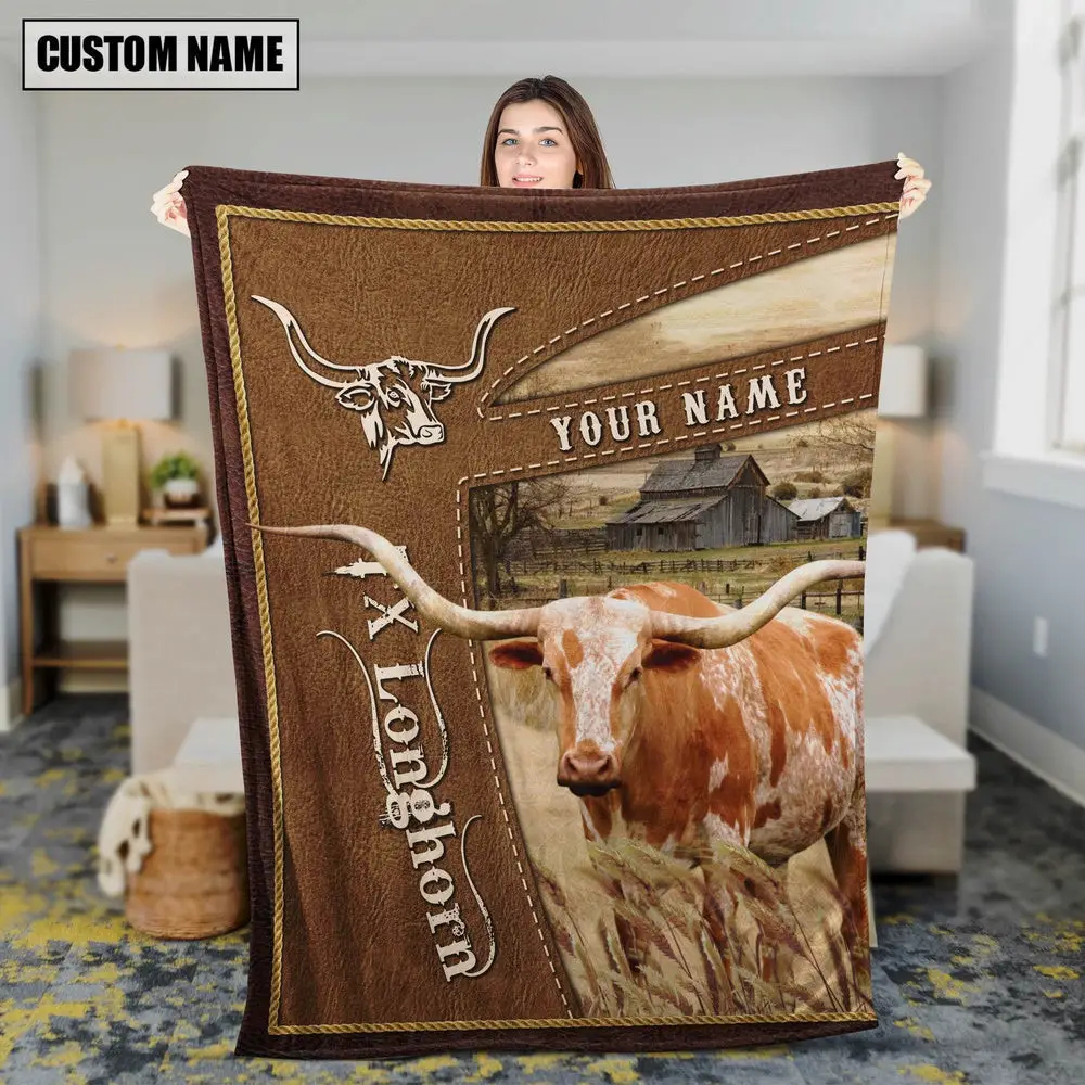 Personalized Name Texas Longhorn Farm Leather Brown Blanket Farm Blanket Gift Ideas For Farmers