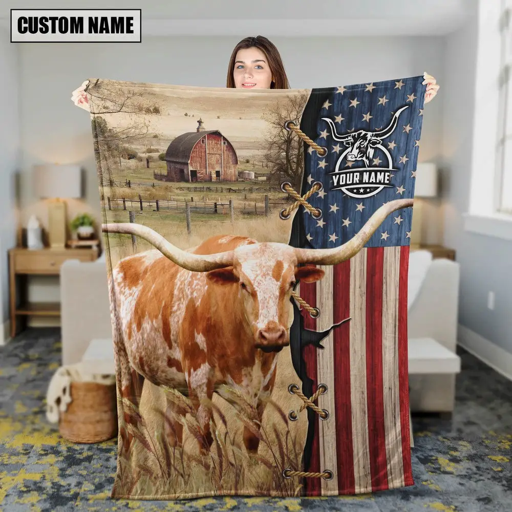 Personalized Name Texas Longhorn Flag Vintage Blanket Farm Blanket Gift Ideas For Farmers