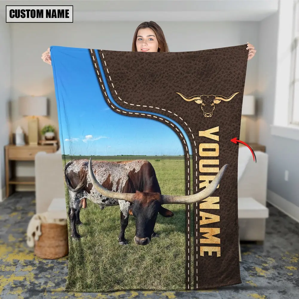 Personalized Name Texas Longhorn of Gibson Farms Leather Pattern Blanket Gift Ideas For Farmers Personalized Name Texas Longhorn of Gibson Farms Leather Pattern Blanket Gift Ideas For Farmers - Image 1