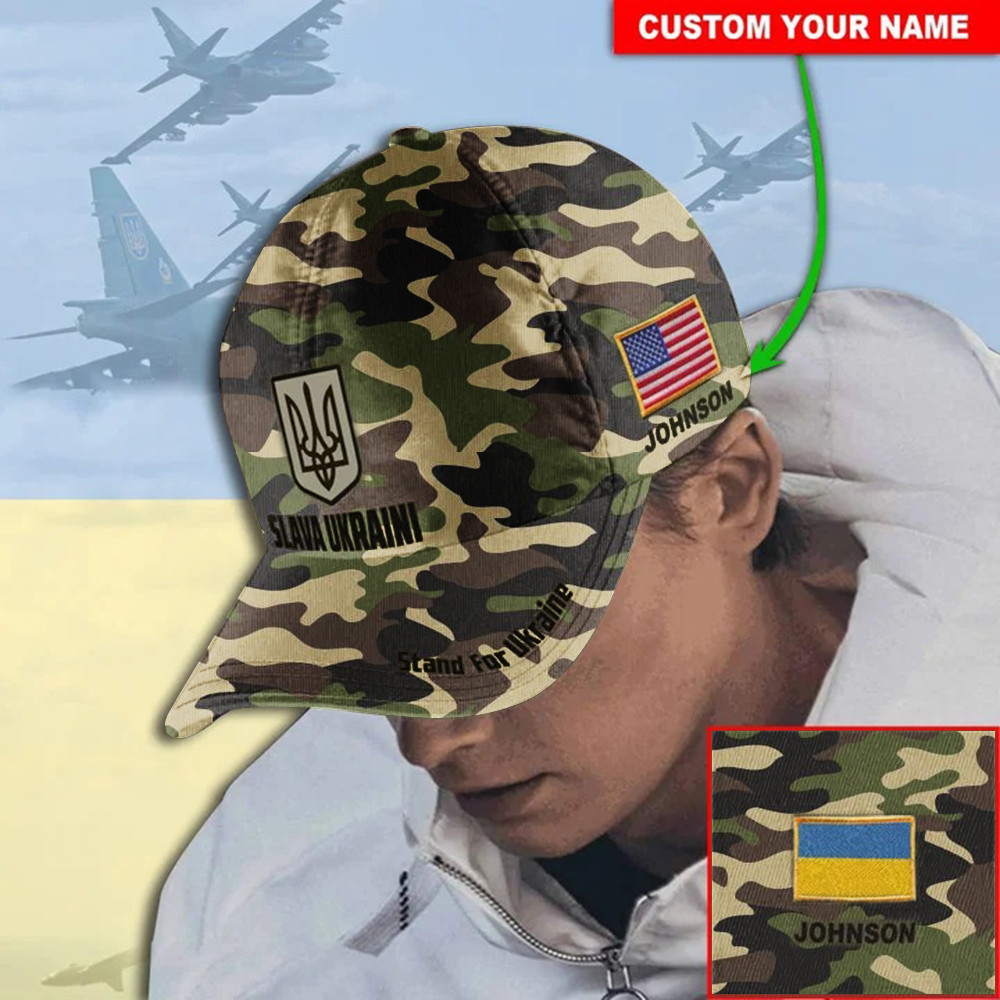 Personalized Name USA Stands With Ukraine Slava Ukraini Camo Hat Camouflage Flag Merch