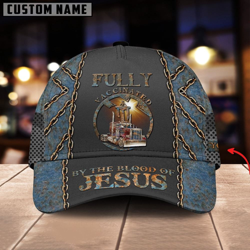 Personalized Name Vaccinated By Blood Of Jesus Blue Trucker Classic Cap 2024 Farmer Baseball Cap