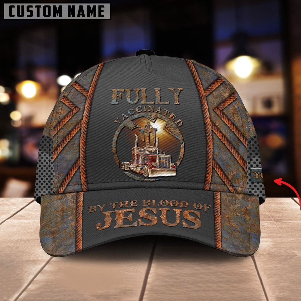 Personalized Name Vaccinated By Blood Of Jesus Red Trucker Classic Cap 2024 Farmer Baseball Cap