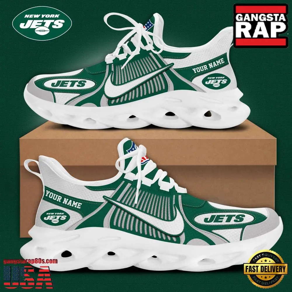 Personalized National Football League New York Jets Blue White Stripes Logo Clunky Air Max Shoes Air Cushion Sneakers