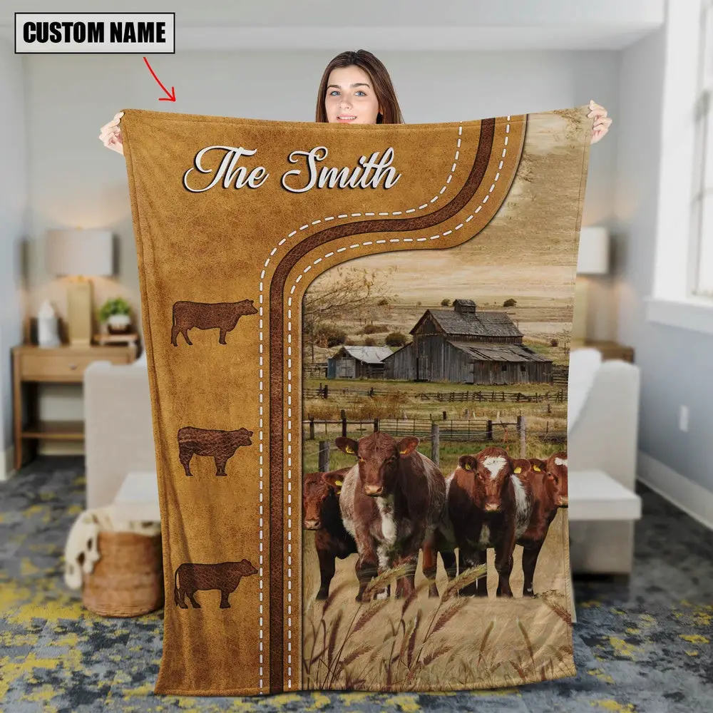 Personalized Shorthorn Cattle In Field Farmhouse Blanket Farm Blanket Gift Ideas For Farmers