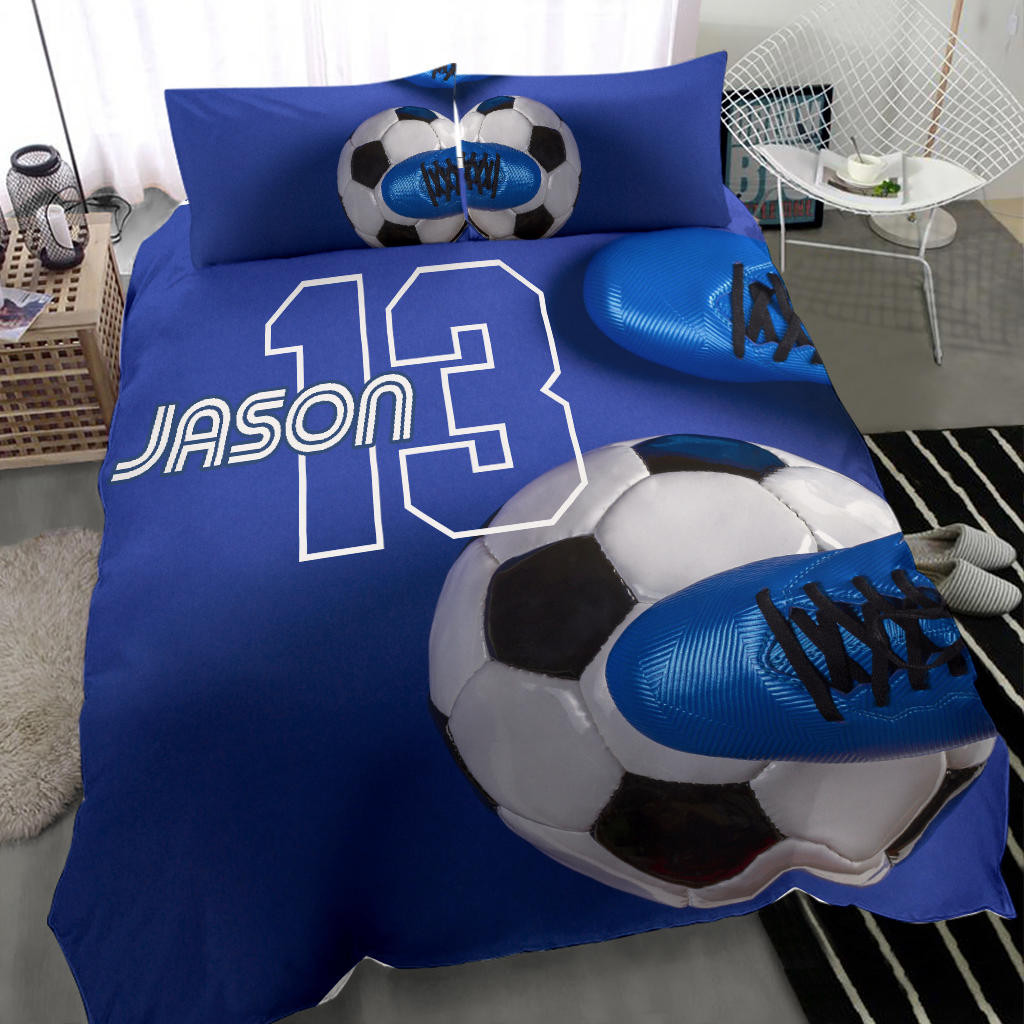 Personalized Soccer Duvet Cover Set Soccer Ball Shoes Blue Player Gift Idea Duvet Cover Sports Bedding Set