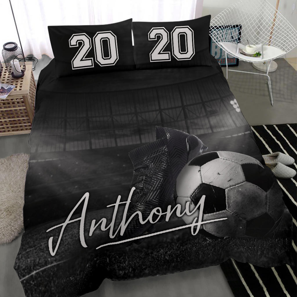 Personalized Soccer Duvet Cover Set Soccer Ball Shoes Player Gift Idea Black Duvet Cover Sports Bedding Set