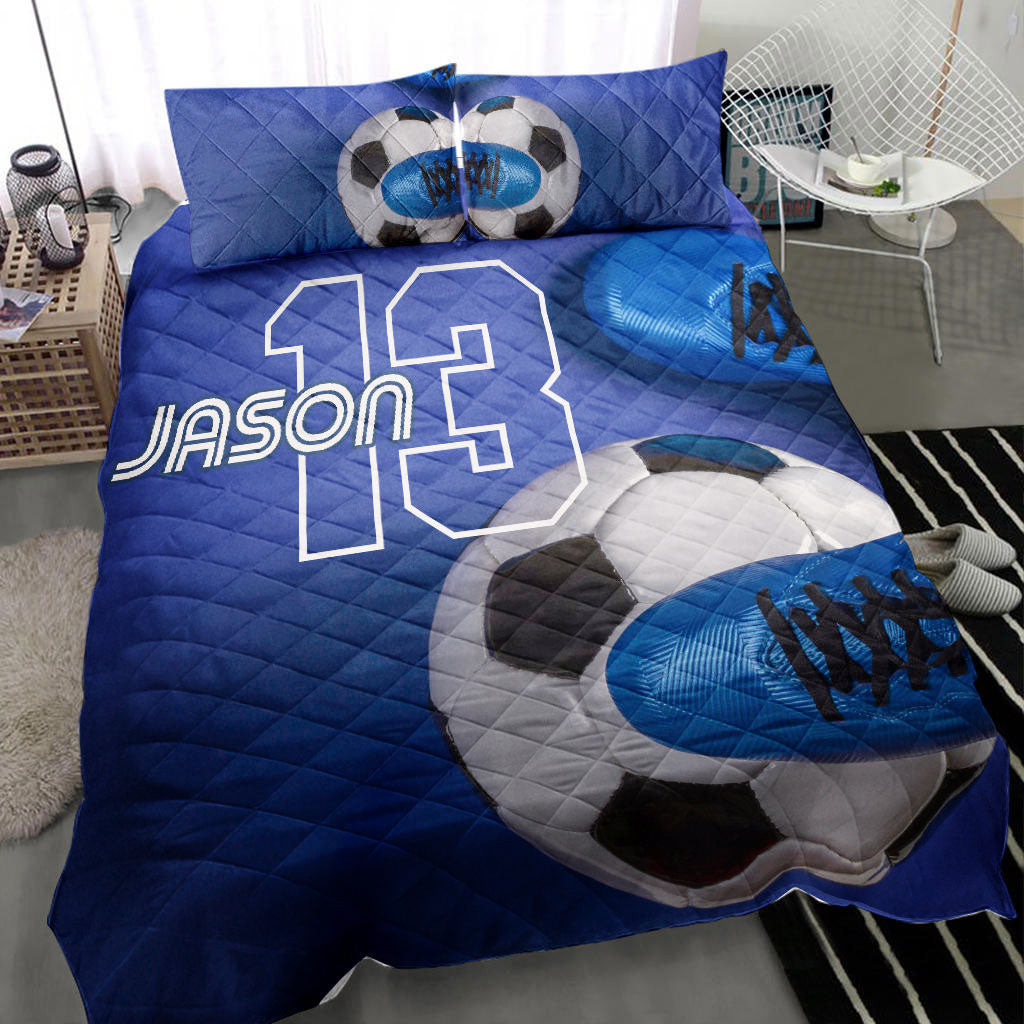 Personalized Soccer Quilt Bedding Set Soccer Ball Shoes Blue Quilt Custom Name and Number Duvet Cover Set Personalized Soccer Quilt Bedding Set Soccer Ball Shoes Blue Quilt Custom Name and Number Duvet Cover Set - Image 1